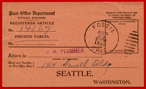 Return Receipt Card used in Fossil, Oregon